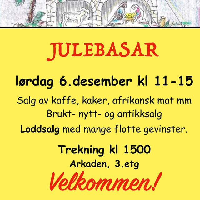 JULEBASAR - Kafè med salg av kaffe, kaker, afrikansk mat mm. Salg av lodd. Mange flotte gevinster. Trekkes kl 1500. Brukt- nytt- og antikksalg.