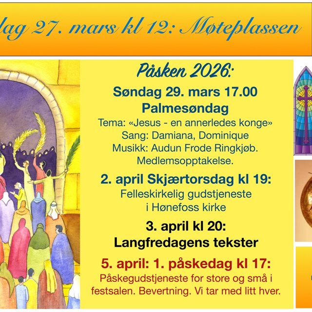 VELKOMMEN TIL PÅSKEFEIRING som starter palmesøndag. Tema:"Jesus en annerledes konge!"Pastor Susan G. Mati. Sang og musikk: Damiana, Dominique, fam Kubuya og Audun Ringkjøb. Medlemsopptagelse. Kirkekaffe.